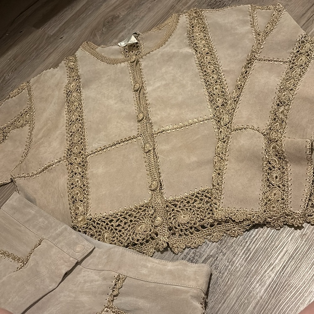 Vintage Plus Size Real Suede Long Sleeve Top and Pants Set